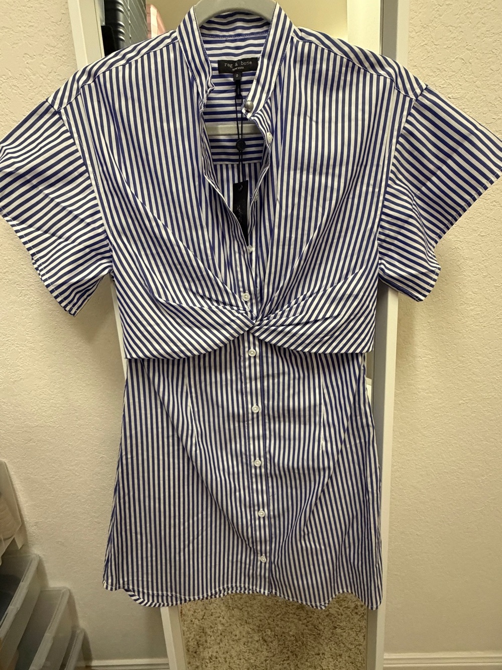rag & bone Blue and White Striped Twist-Front Mini Dress – size 0, fits like a 4